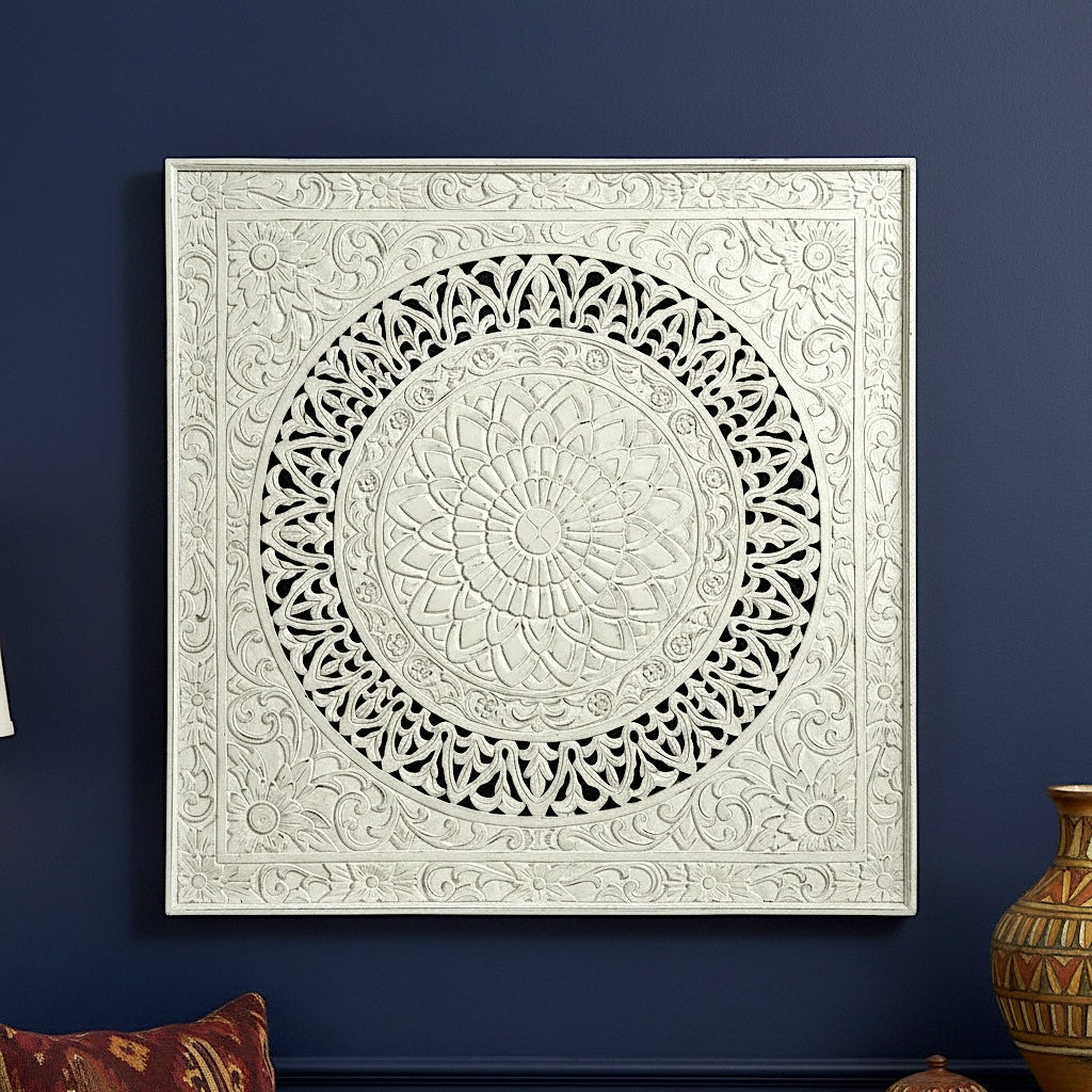 Carved Decorative Panel "Hati" - White Wash - 40 Inches