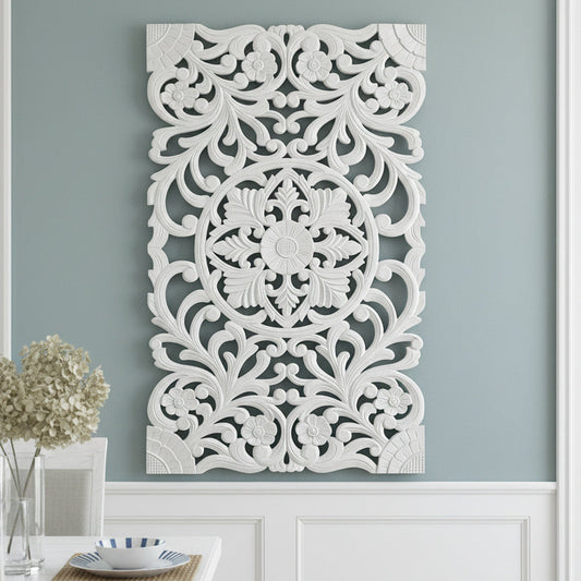 Carved Decorative Panel "Azalea" - White - 39 x 24 Inches