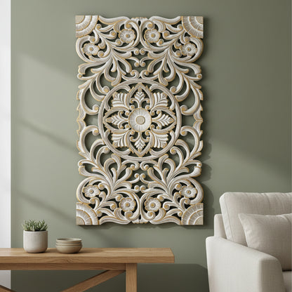 Carved Decorative Panel "Azalea" - Gold Wash - 39 x 24 Inches