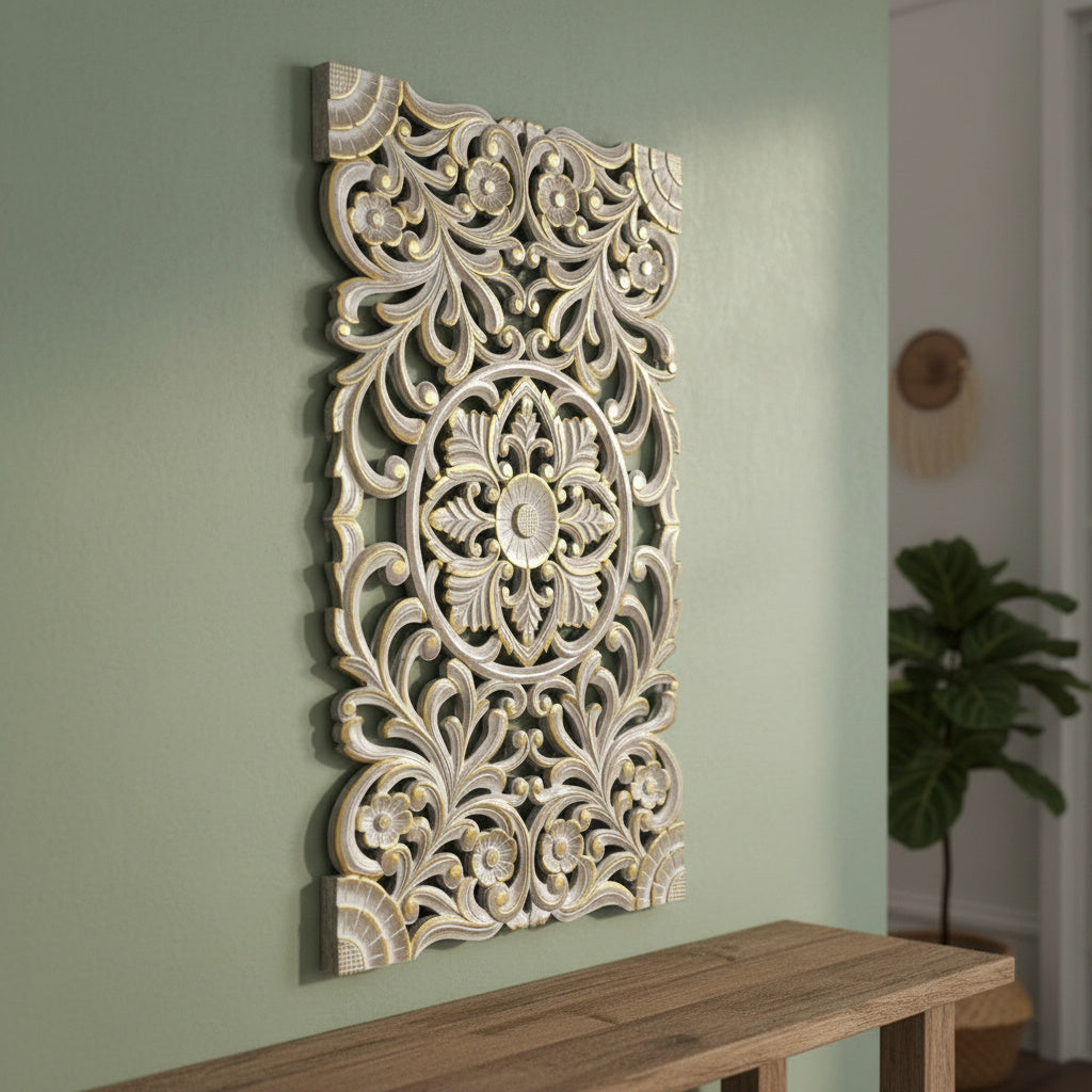 Carved Decorative Panel "Azalea" - Gold Wash - 39 x 24 Inches