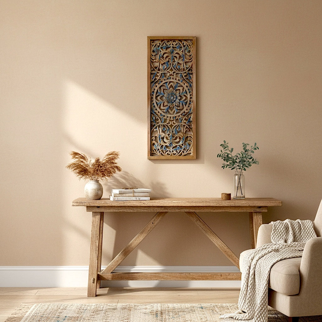 Carved Decorative Panel "Amara" - Blue & Natural Wash - 40 Inches