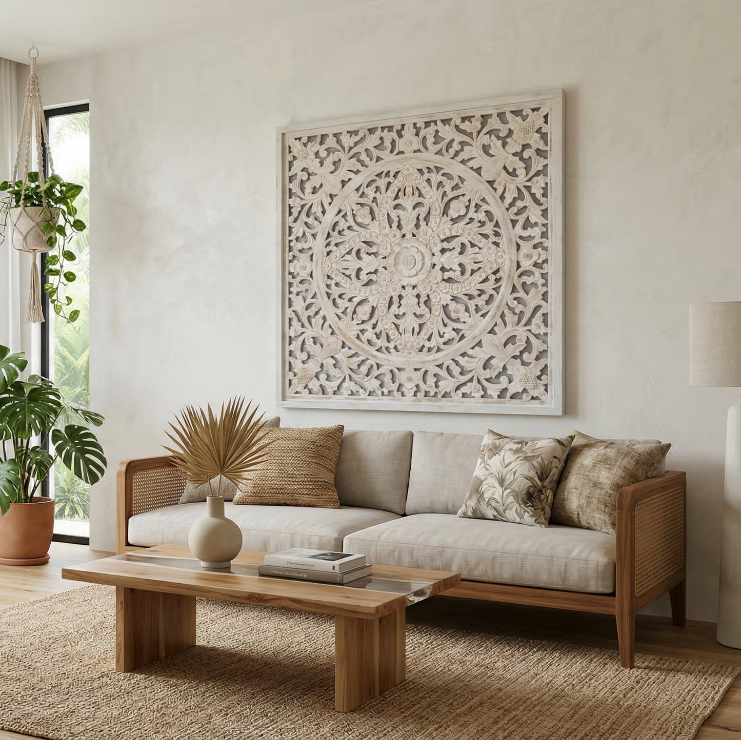 Carved Decorative Panel "Ceningan" - White Wash - 40 Inches