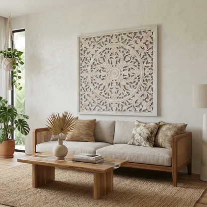 Carved Decorative Panel "Ceningan" - White Wash - 40 Inches