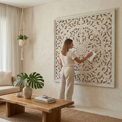 Carved Decorative Panel "Ceningan" - White Wash - 40 Inches