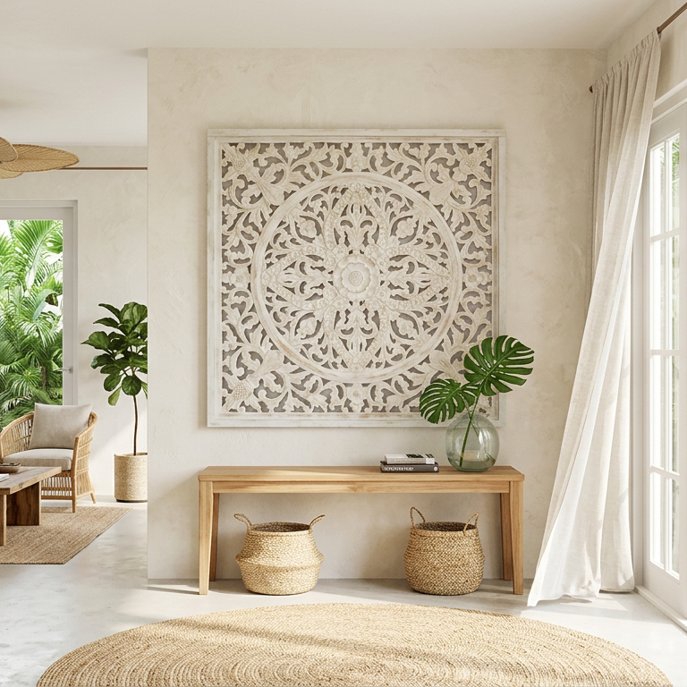 Carved Decorative Panel "Ceningan" - White Wash - 40 Inches