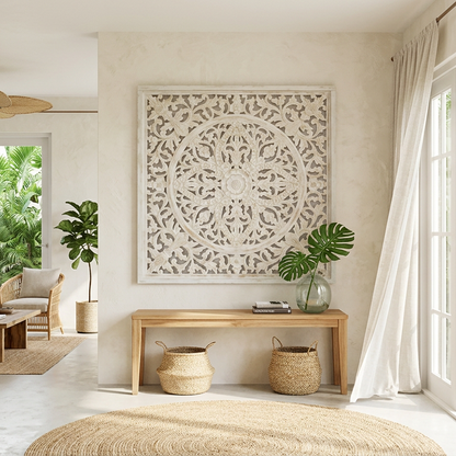 Carved Decorative Panel "Ceningan" - White Wash - 40 Inches