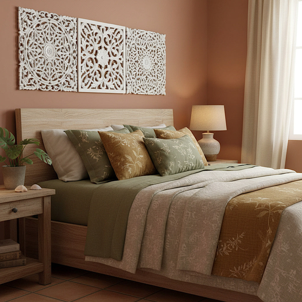 Set of 3 Carved Decorative Panels "Pererenan" - 20 x 20 Inches in White Wash