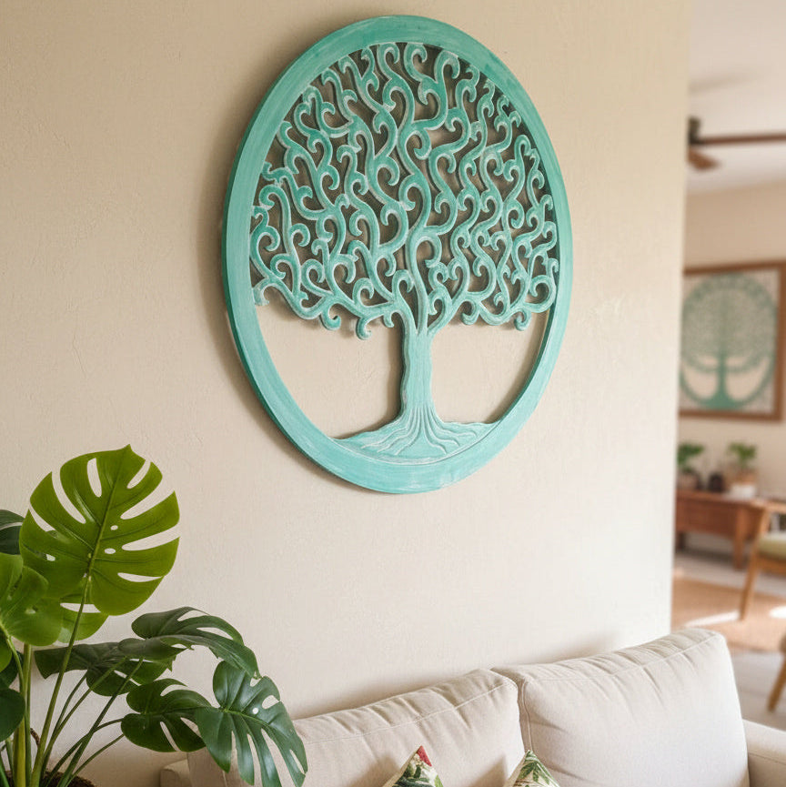 Carved Decorative Mandala  "Tree of Life" - Green wash - 20 Inches