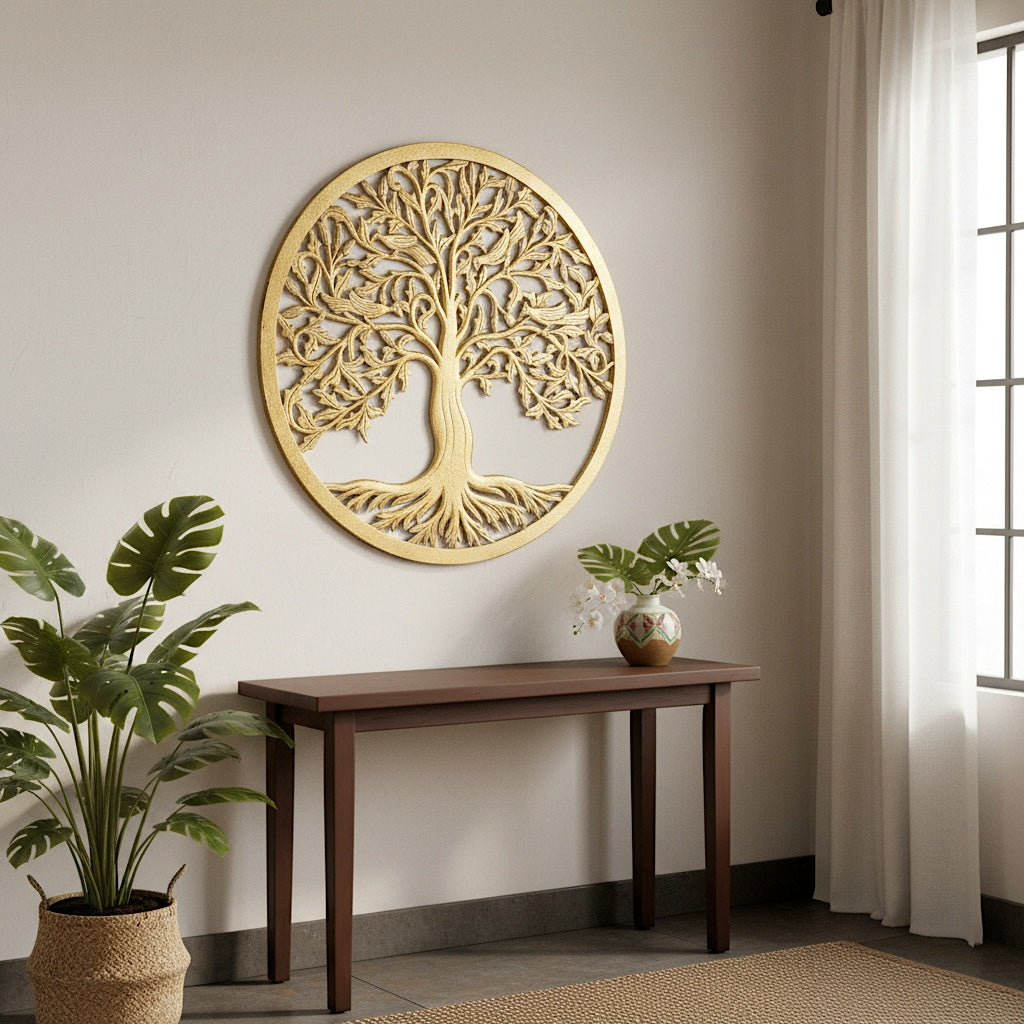 Carved Decorative Mandala  "Tree of Life" - Gold wash - 24 Inches