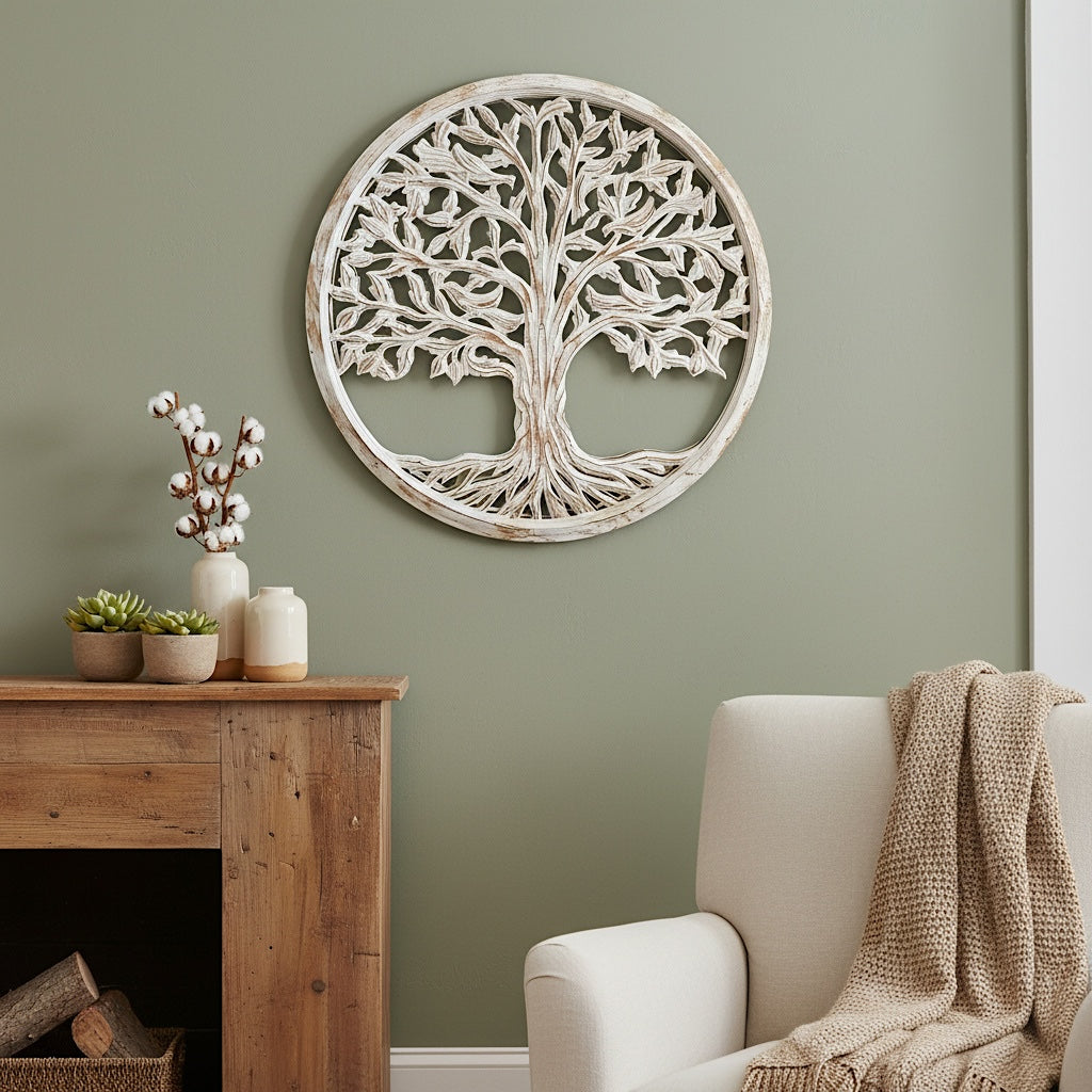 Carved Decorative Mandala  "Tree of Life" - Antic Wash - 24 Inches
