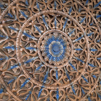 Carved Decorative Panel "Tropis" in Blue & Brown Wash - 40 x 40 Inches
