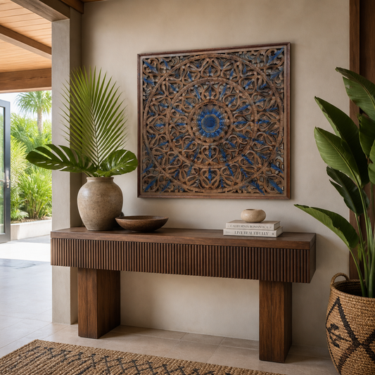 Carved Decorative Panel "Tropis" in Blue & Brown Wash - 40 x 40 Inches