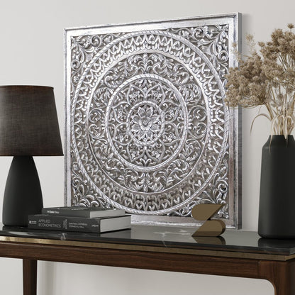 Carved Decorative Panel "Cenik" - 39 x 39 Inches - Silver Wash