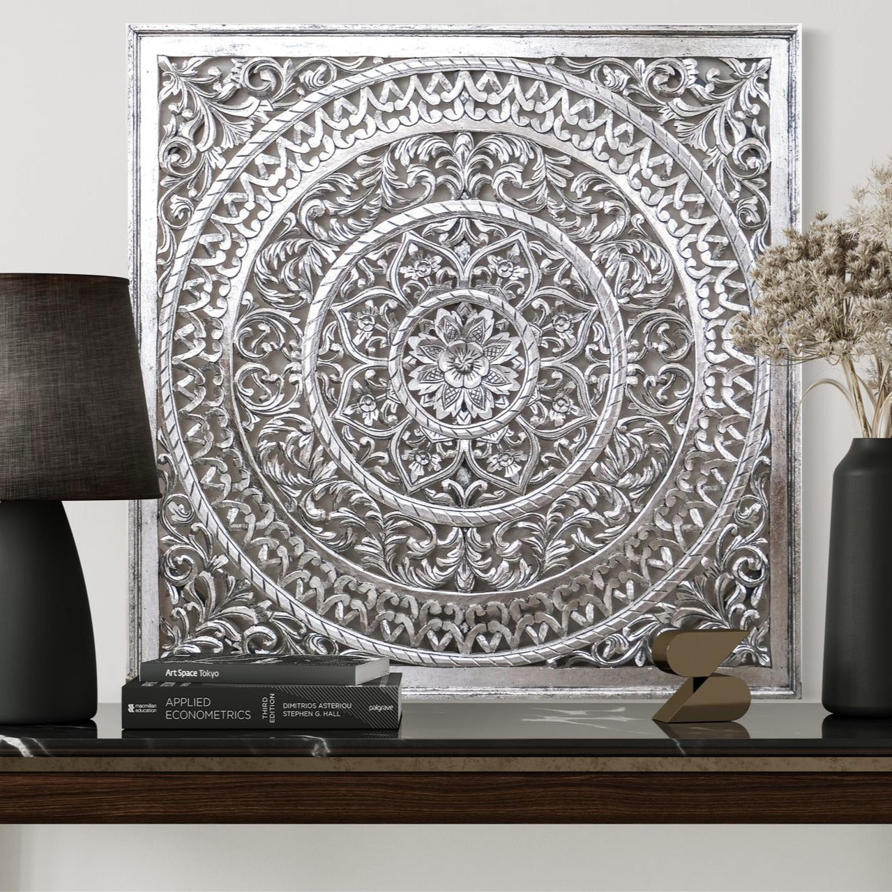 Carved Decorative Panel "Cenik" - 39 x 39 Inches - Silver Wash