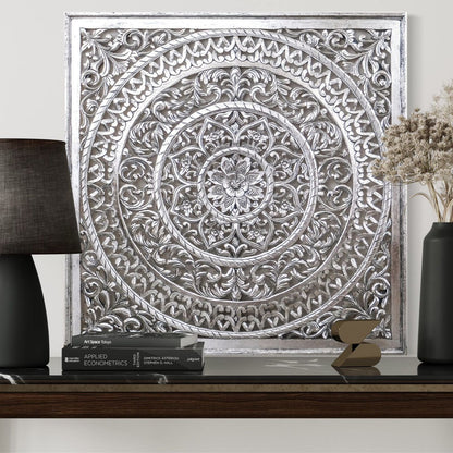Carved Decorative Panel "Cenik" - 39 x 39 Inches - Silver Wash