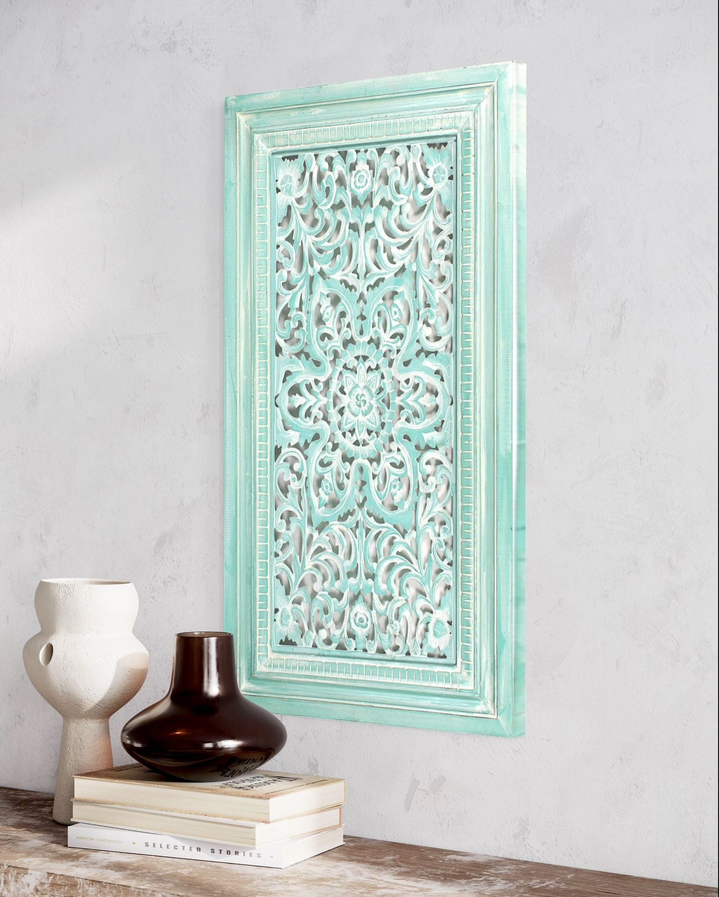 Carved Decorative Panel "Freesia" - White & Green Wash - 35 x 19 Inches