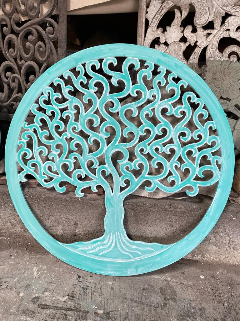 Carved Decorative Mandala  "Tree of Life" - Green wash - 20 Inches
