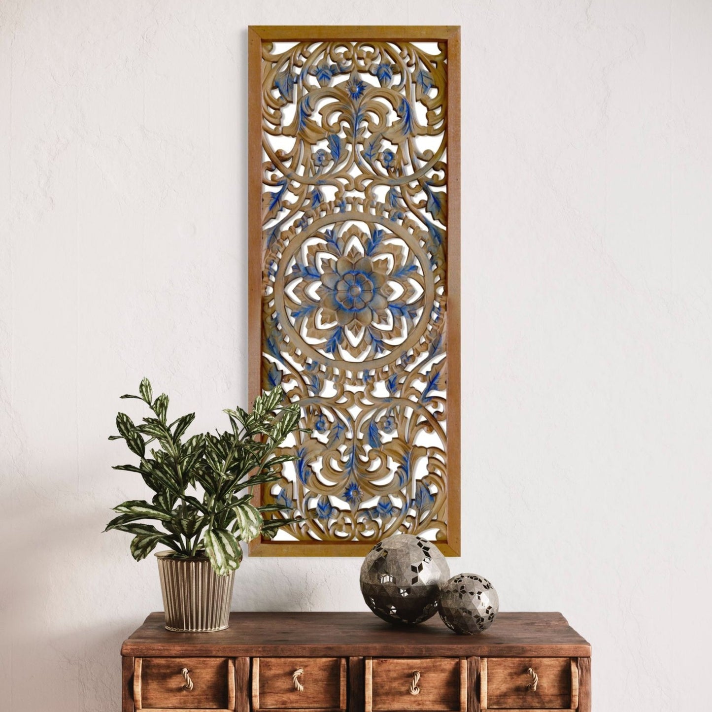 Carved Decorative Panel "Amara" - Blue & Natural Wash - 40 Inches