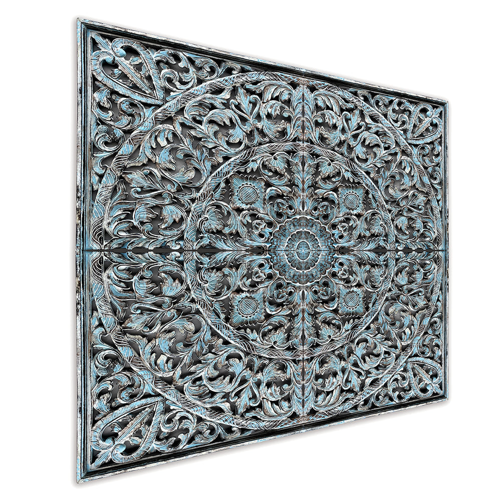 Carved Full  Bed Headboard "Dahayu" - Blue Wash
