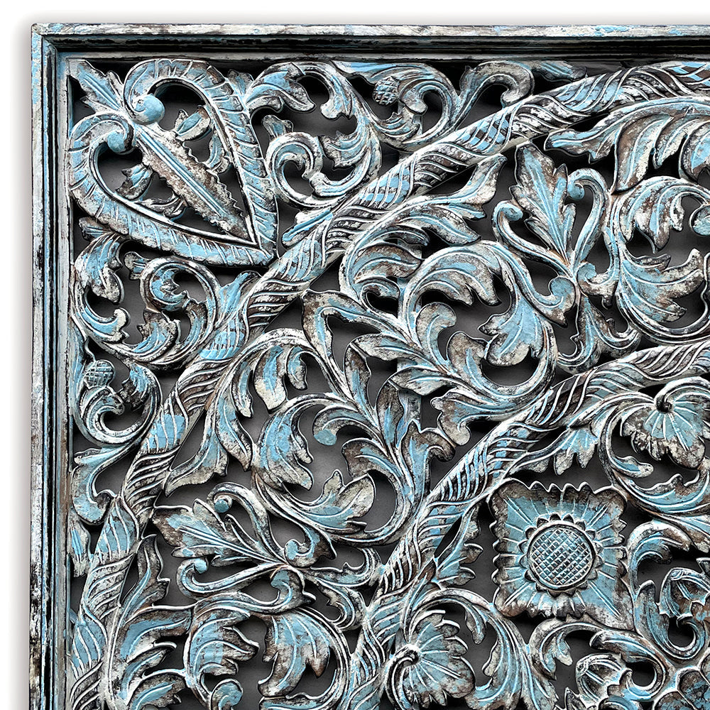 Carved Full  Bed Headboard "Dahayu" - Blue Wash