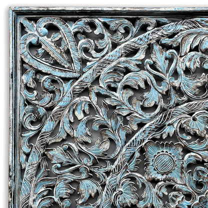 Carved Full  Bed Headboard "Dahayu" - Blue Wash