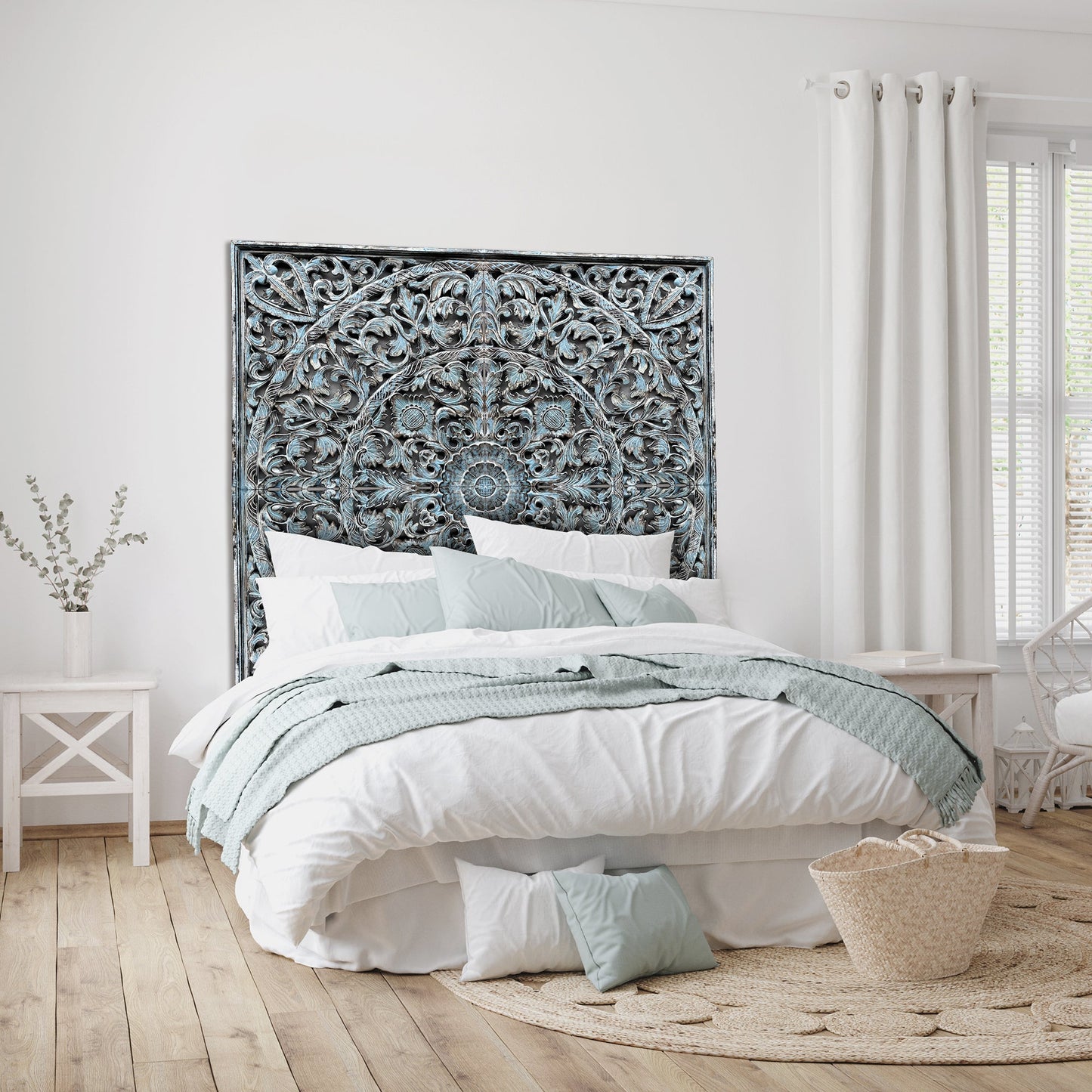 Carved Full  Bed Headboard "Dahayu" - Blue Wash