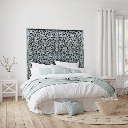 Carved Full  Bed Headboard "Dahayu" - Blue Wash