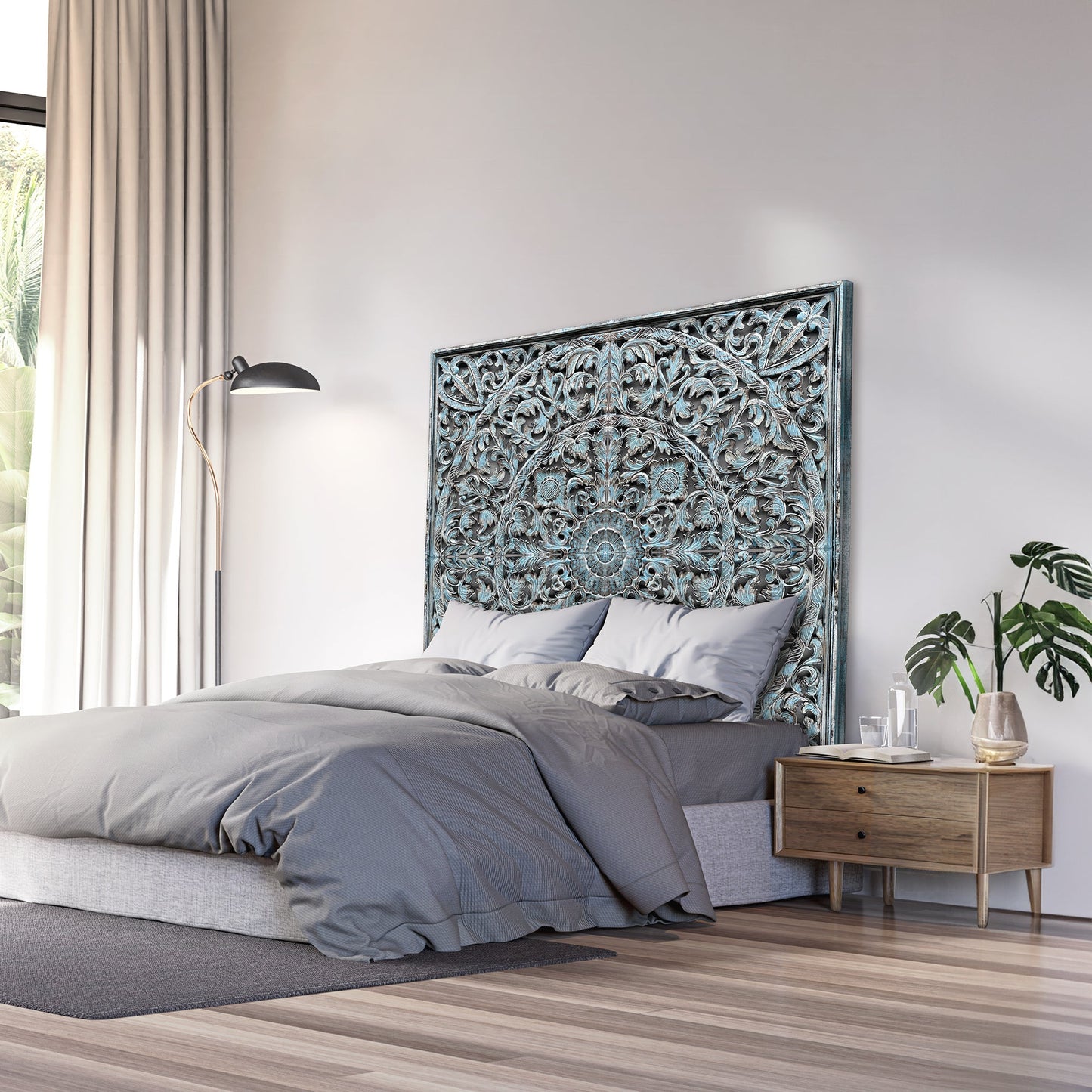 Carved Full  Bed Headboard "Dahayu" - Blue Wash