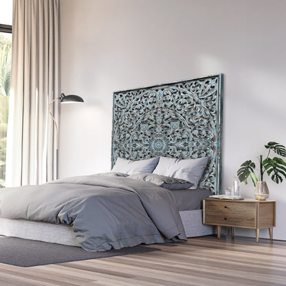 Carved Full  Bed Headboard "Dahayu" - Blue Wash