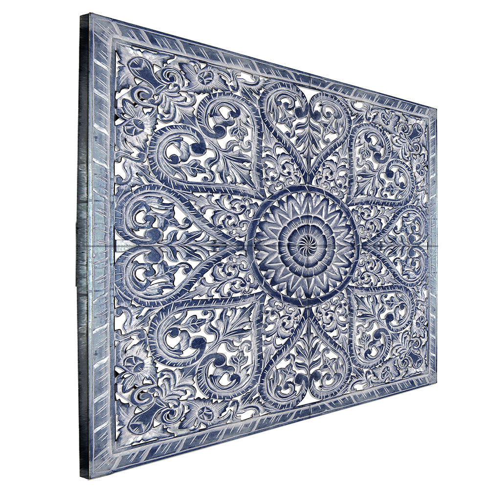 Carved Full Bed Headboard "Jantung" - Navy Blue Wash