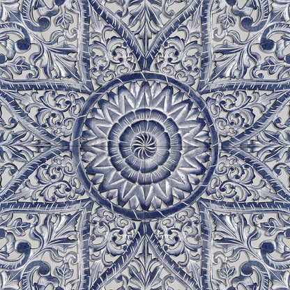 Carved Full Bed Headboard "Jantung" - Navy Blue Wash