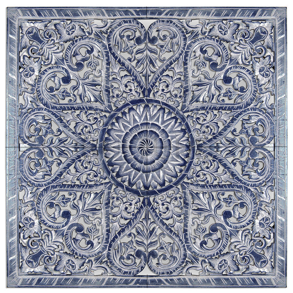 Carved Full Bed Headboard "Jantung" - Navy Blue Wash