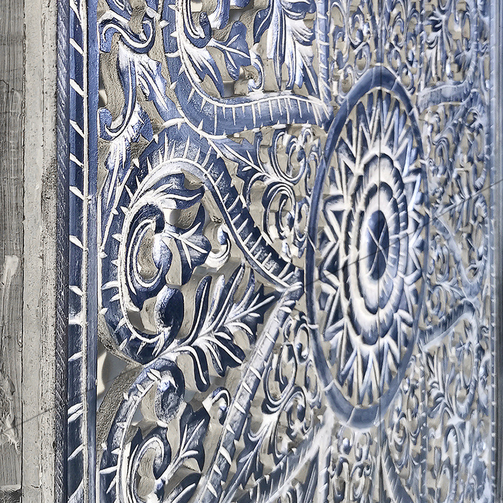 Carved Full Bed Headboard "Jantung" - Navy Blue Wash