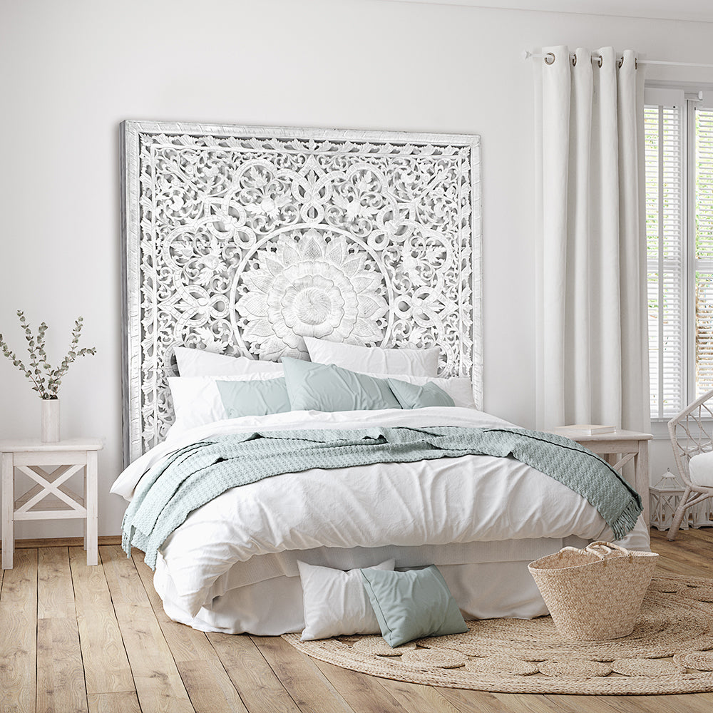 Carved Full Bed Headboard "Raflessia" - White