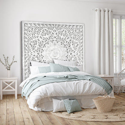 Carved Full Bed Headboard "Raflessia" - White