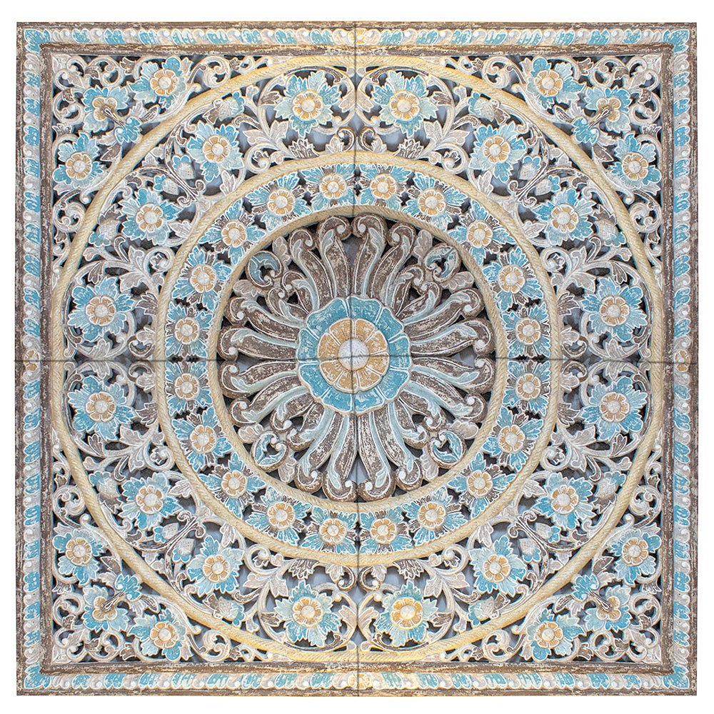 Carved Mandala Full Bed Headboard 'Dianna' in Multicolour Blue