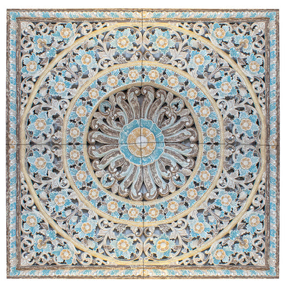 Carved Mandala Full Bed Headboard 'Dianna' in Multicolour Blue