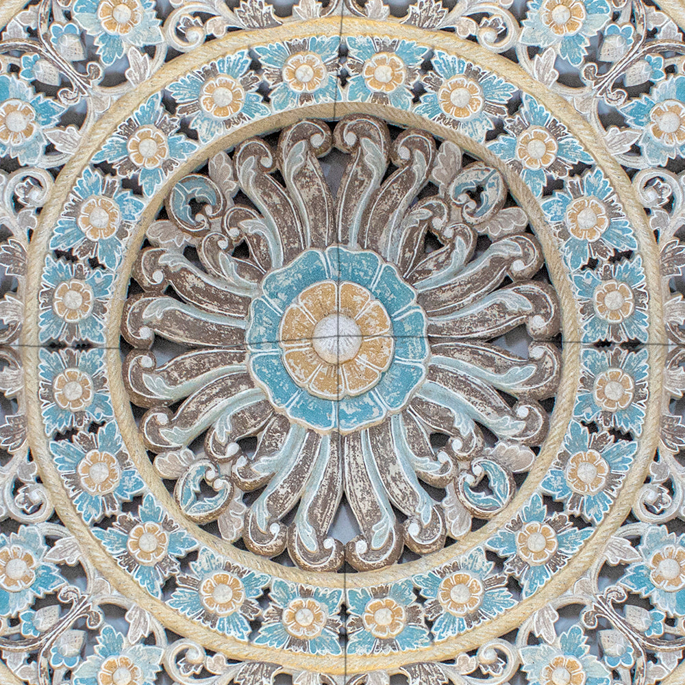 Carved Mandala Full Bed Headboard 'Dianna' in Multicolour Blue