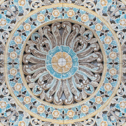 Carved Mandala Full Bed Headboard 'Dianna' in Multicolour Blue