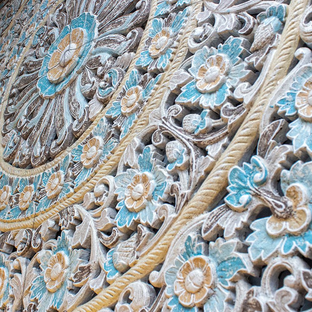 Carved Mandala Full Bed Headboard 'Dianna' in Multicolour Blue