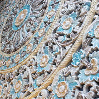 Carved Mandala Full Bed Headboard 'Dianna' in Multicolour Blue