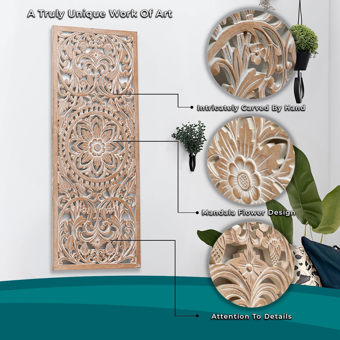 Carved Decorative Panel "Amara"  - Antic Wash - 40 x 15 Inches