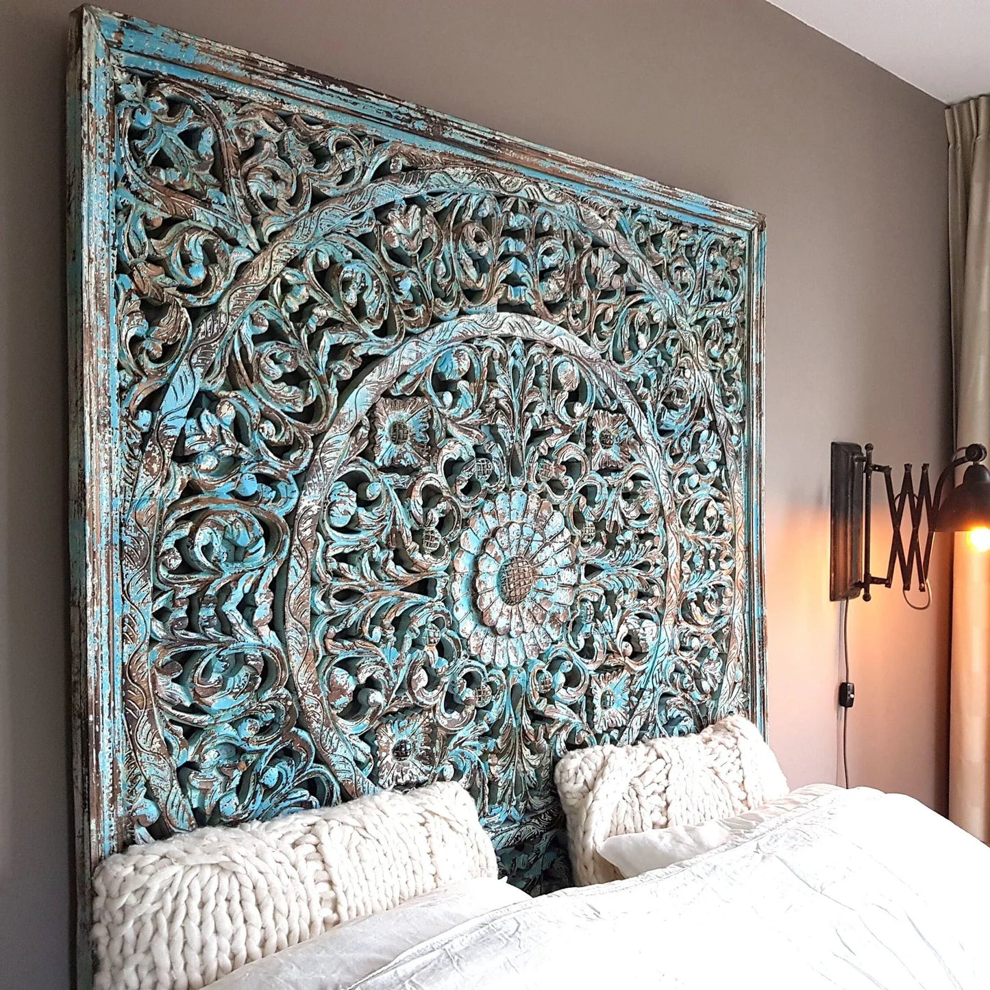 Carved Full  Bed Headboard "Dahayu" - Blue Wash