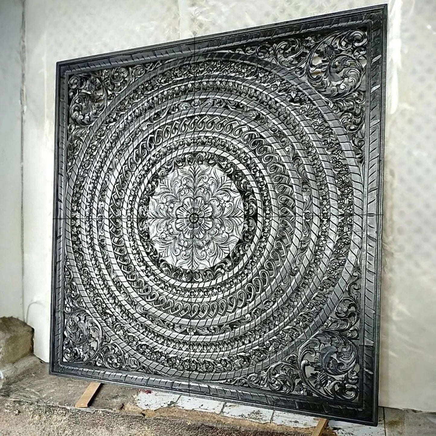 Carved Full  Bed Headboard "Kusuma" in Black