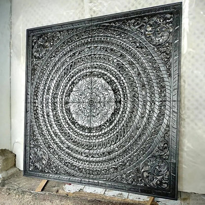 Carved Full  Bed Headboard "Kusuma" in Black