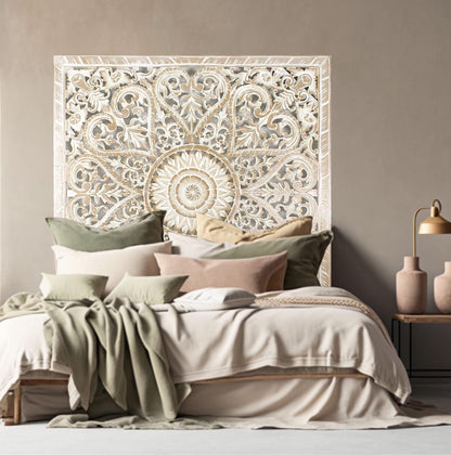 Carved Full Bed Headboard "Jantung" in Antique Wash