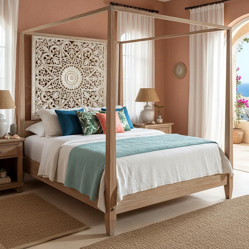 Carved Full Bed Headboard "Jantung" in Antique Wash