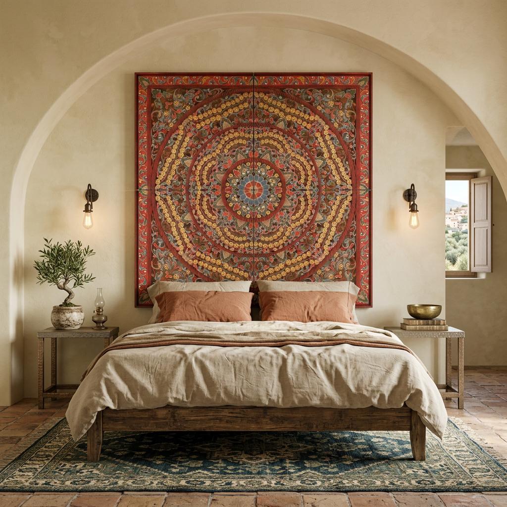 Carved Bed Headboard 'Malawi' - Multicolour Red
