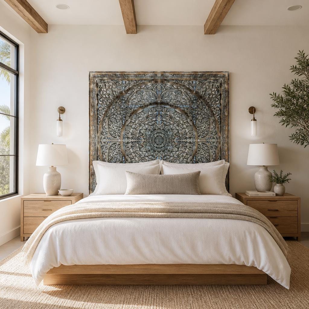 Carved Full Bed Headboard "Manusa" - Blue