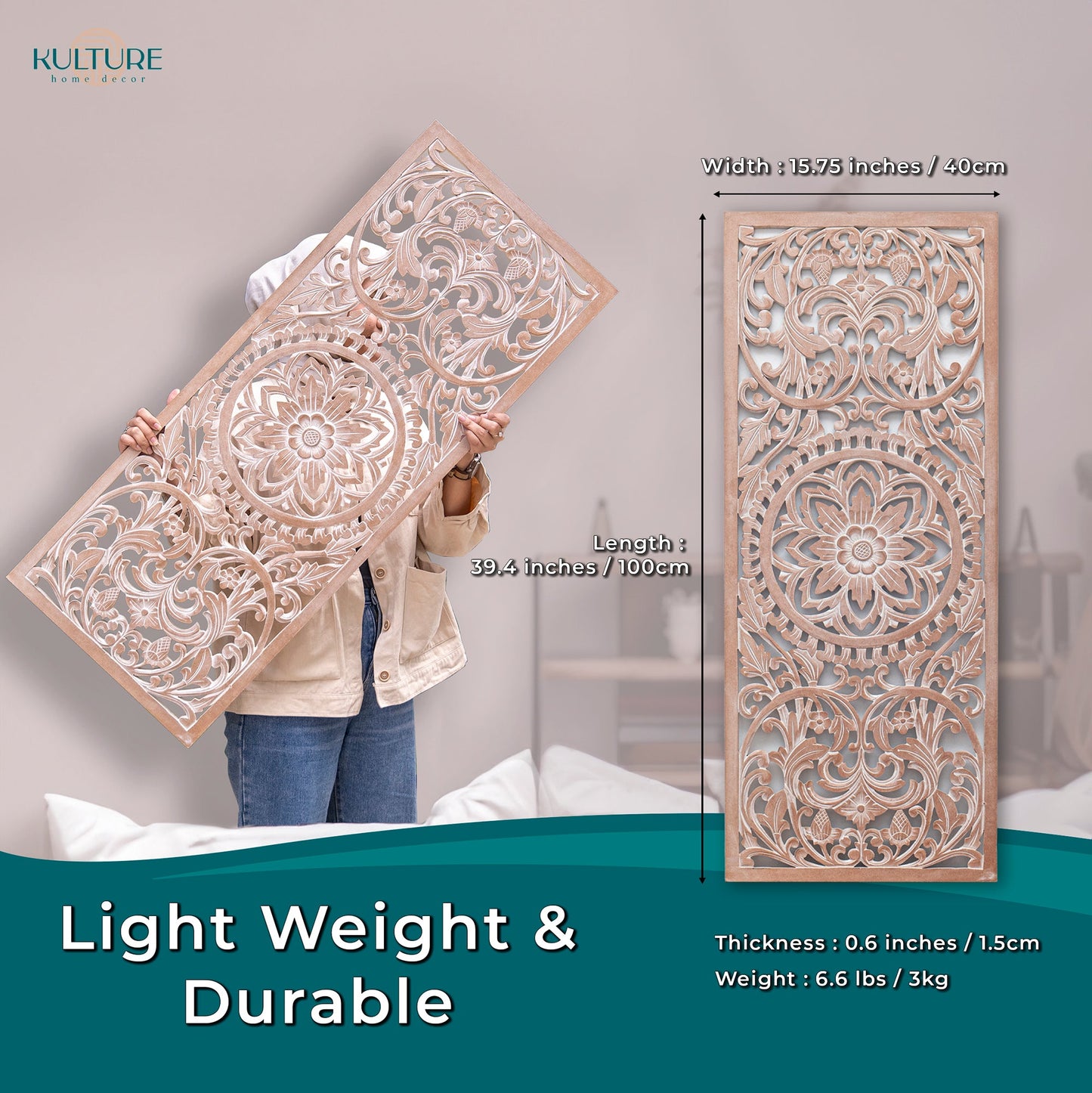 Carved Decorative Panel "Amara"  - Antic Wash - 40 x 15 Inches